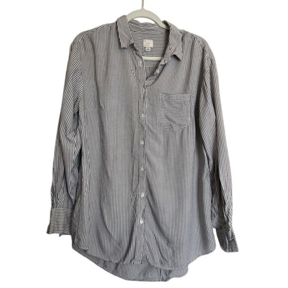 A New Day Womens Grey White Striped Long Sleeve Button Down Shirt Size L Preppy